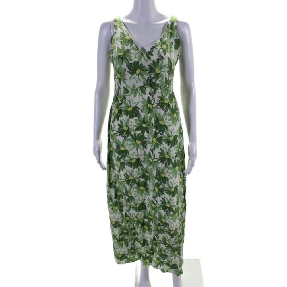 HVN Womens Side Zip Sleeveless V Neck Silk Floral Maxi Dress Green White Size 4